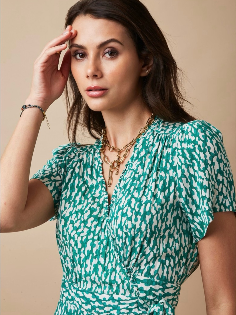 SUNCOO Green and White Abstract Midi Dress